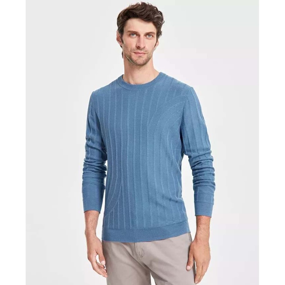 Alfani Mens XL Blue Extrafine Merino Wool Blend Textured Ribbed Crewneck Sweater